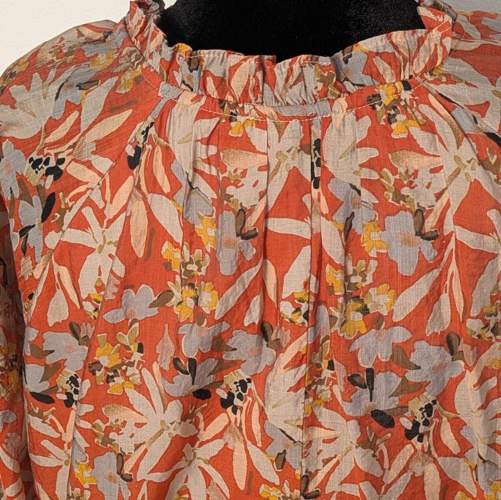 Entro Women's Floral Ruffle Balloon Sleeve Blouse Size L Color Rust Bohemian EUC - Picture 12 of 17